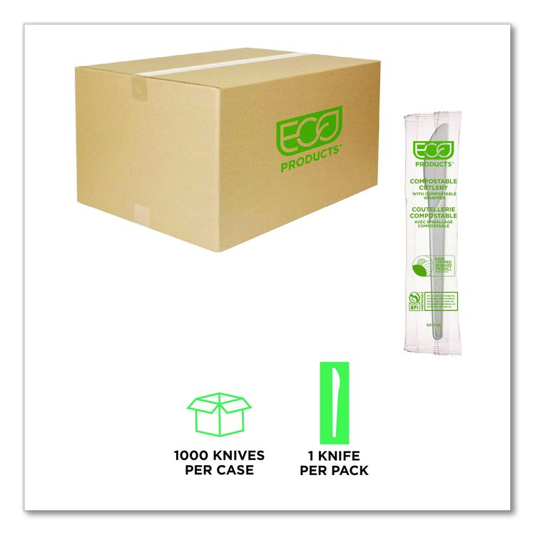 Plantware Compostable Cutlery, Knife, Plastic, White, 1,000/Carton