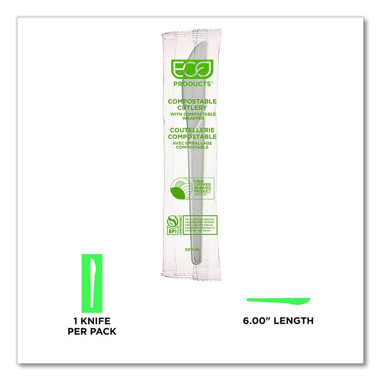 Plantware Compostable Cutlery, Knife, Plastic, White, 1,000/Carton