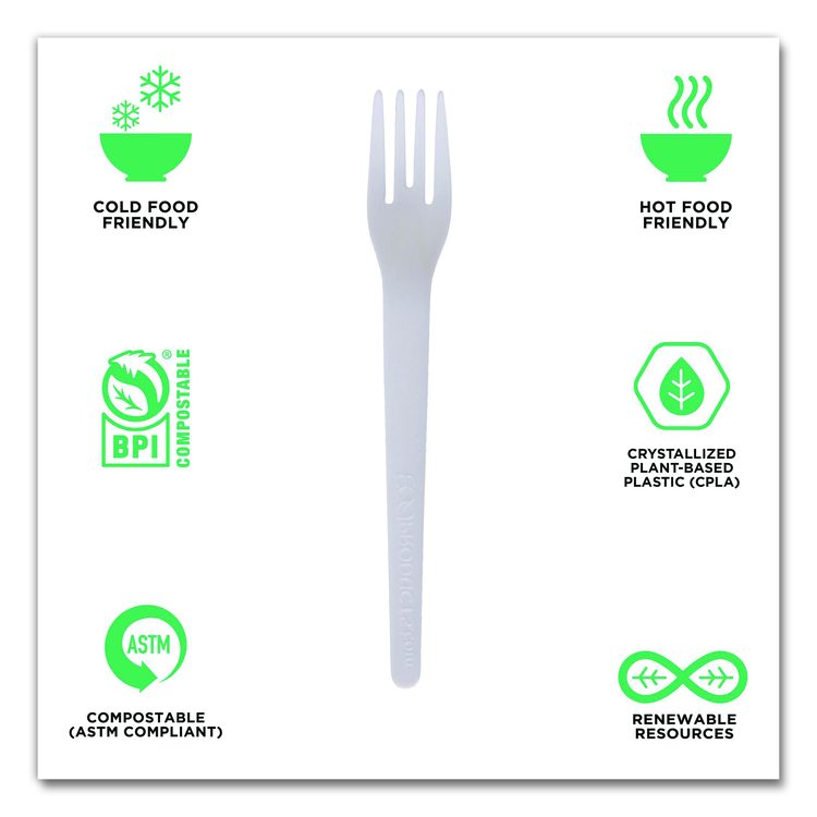 Plantware Compostable Cutlery, Fork, Plastic, Pearl White, 50/Pack, 20 Packs/Carton