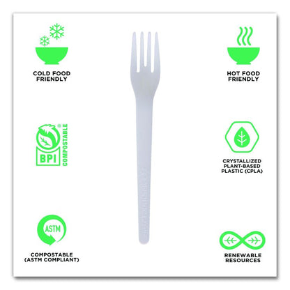 Plantware Compostable Cutlery, Fork, Plastic, Pearl White, 50/Pack, 20 Packs/Carton