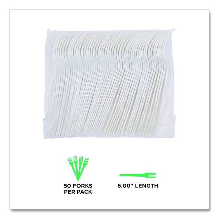 Plantware Compostable Cutlery, Fork, Plastic, Pearl White, 50/Pack, 20 Packs/Carton