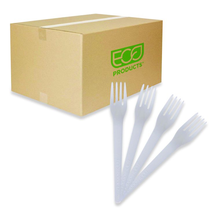 Plantware Compostable Cutlery, Fork, Plastic, Pearl White, 50/Pack, 20 Packs/Carton