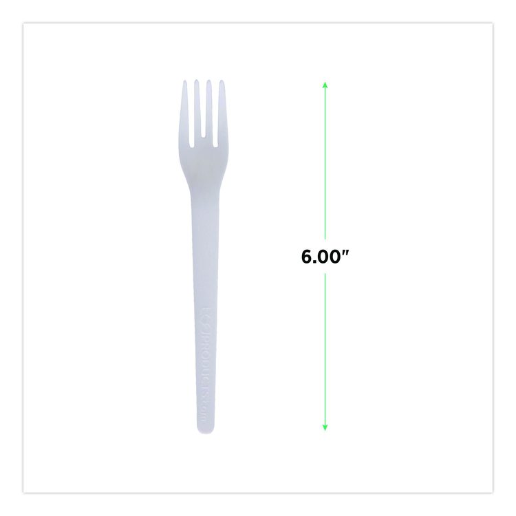 Plantware Compostable Cutlery, Fork, Plastic, White, 1,000/Carton