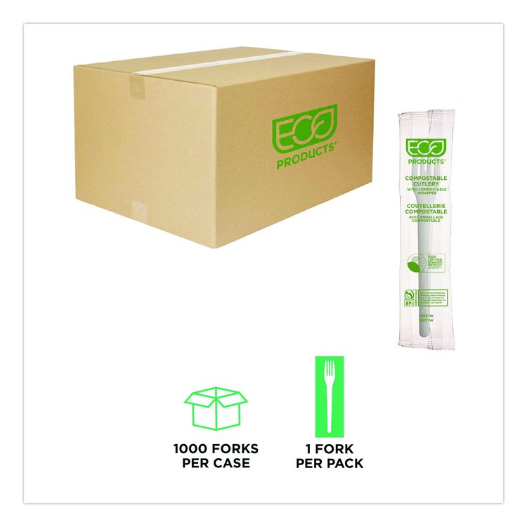 Plantware Compostable Cutlery, Fork, Plastic, White, 1,000/Carton