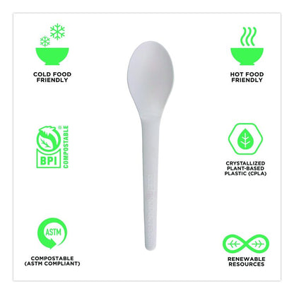 Plantware Compostable Cutlery, Spoon, Plastic, Pearl White, 50/Pack, 20 Pack/Carton