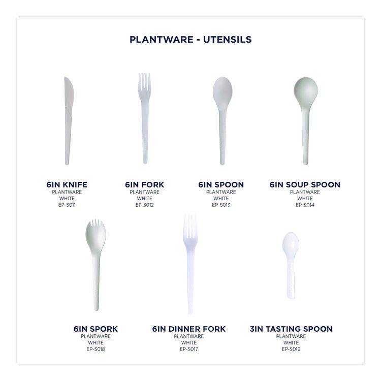 Plantware Compostable Cutlery, Spoon, Plastic, Pearl White, 50/Pack, 20 Pack/Carton