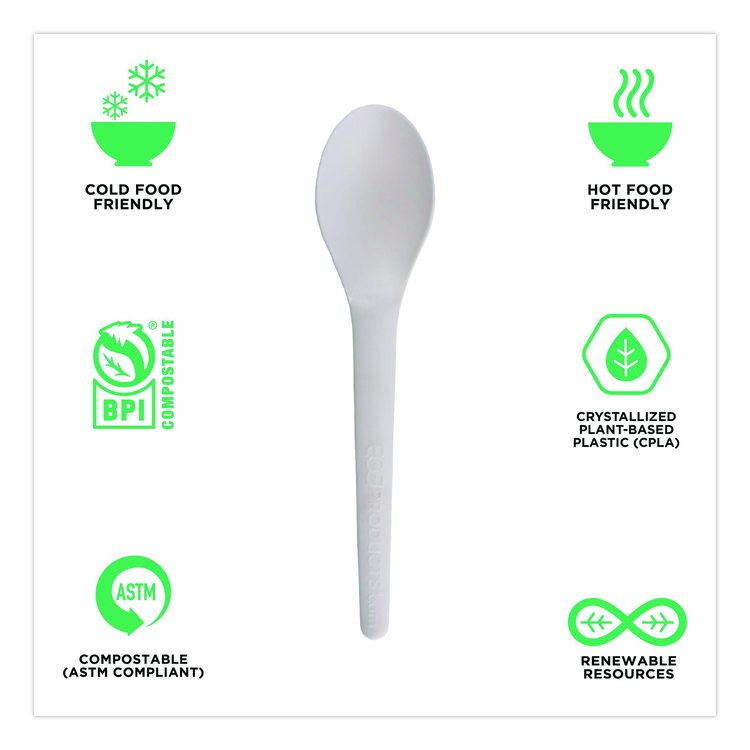 Plantware Compostable Cutlery, Spoon, Plastic, White, 1,000/Carton