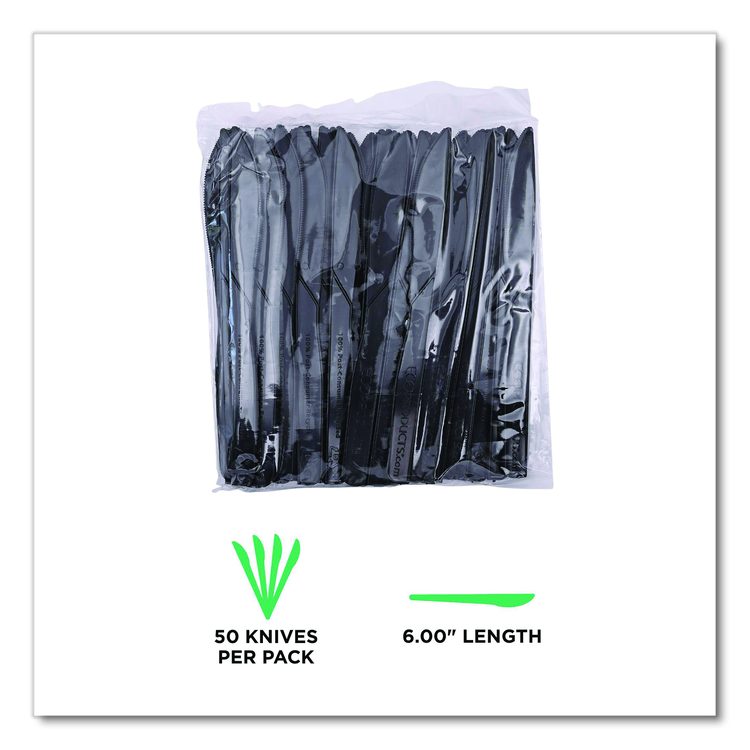 100% Recycled Content Cutlery, Knife, Plastic, Black, 50/Pack, 20 Packs/Carton