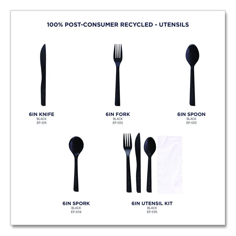 100% Recycled Content Cutlery, Knife, Plastic, Black, 50/Pack, 20 Packs/Carton