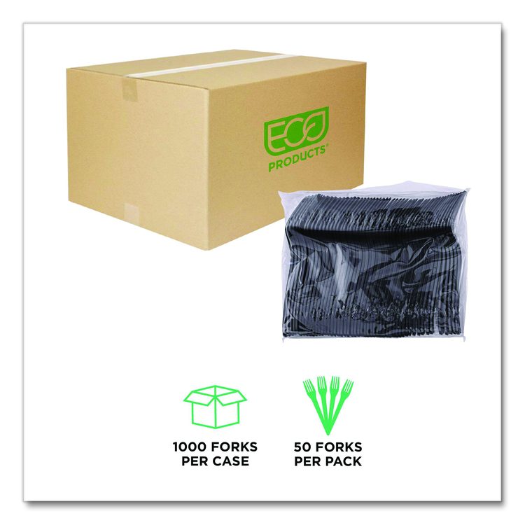 100% Recycled Content Cutlery, Fork, Plastic, Black, 50/Pack, 20 Packs/Carton
