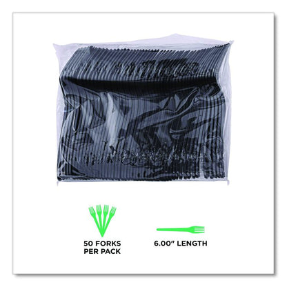 100% Recycled Content Cutlery, Fork, Plastic, Black, 50/Pack, 20 Packs/Carton