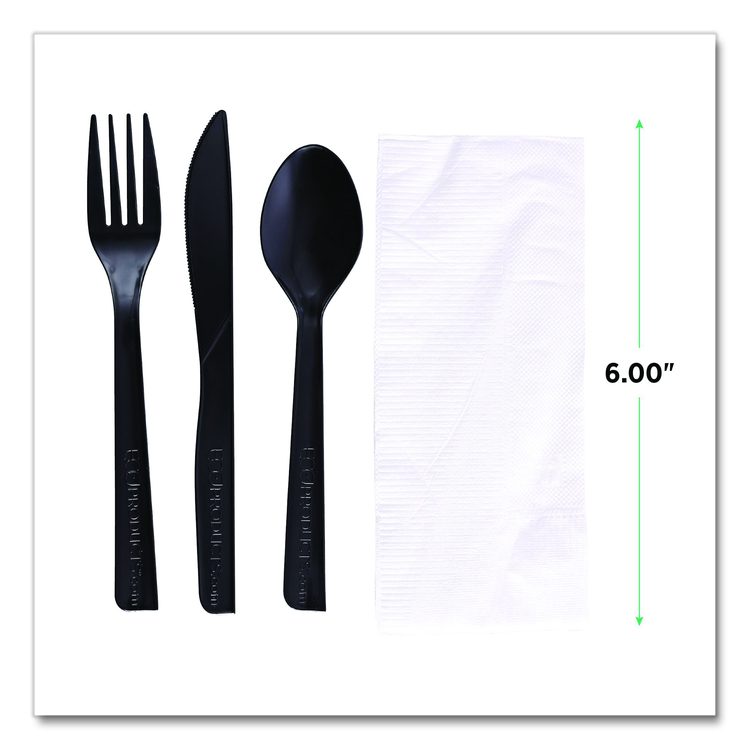 100% Recycled Content Cutlery Kit, Heavyweight Fork/Knife/Soup Spoon/Spoon, Plastic, Black, 250/Carton