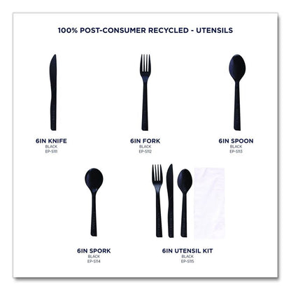 100% Recycled Content Cutlery Kit, Heavyweight Fork/Knife/Soup Spoon/Spoon, Plastic, Black, 250/Carton