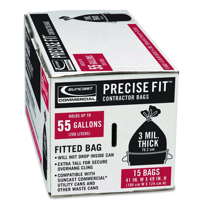 Precise Fit Contractor Bag, Open-Face, 55 gal, 3 mil, 41" x 49", Black, 15/Box