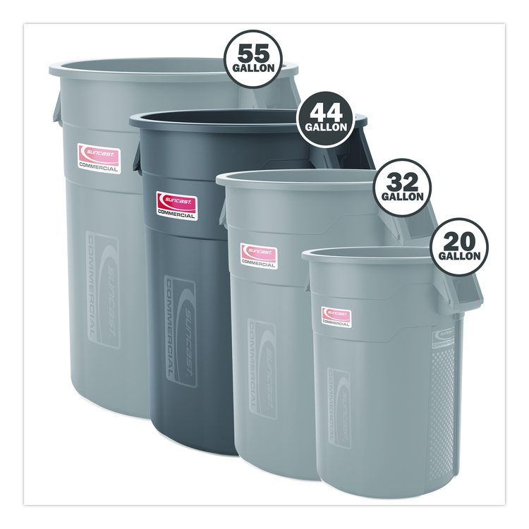 Injection Molded Utility Trash Can, 44 gal, Plastic/Resin, Gray