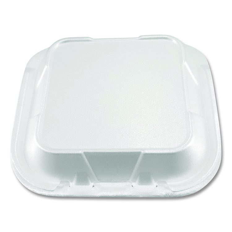 Foam Hinged Lid Containers, 3-Compartment, 8.56 x 8 x 2.76, White, Foam, 200/Carton