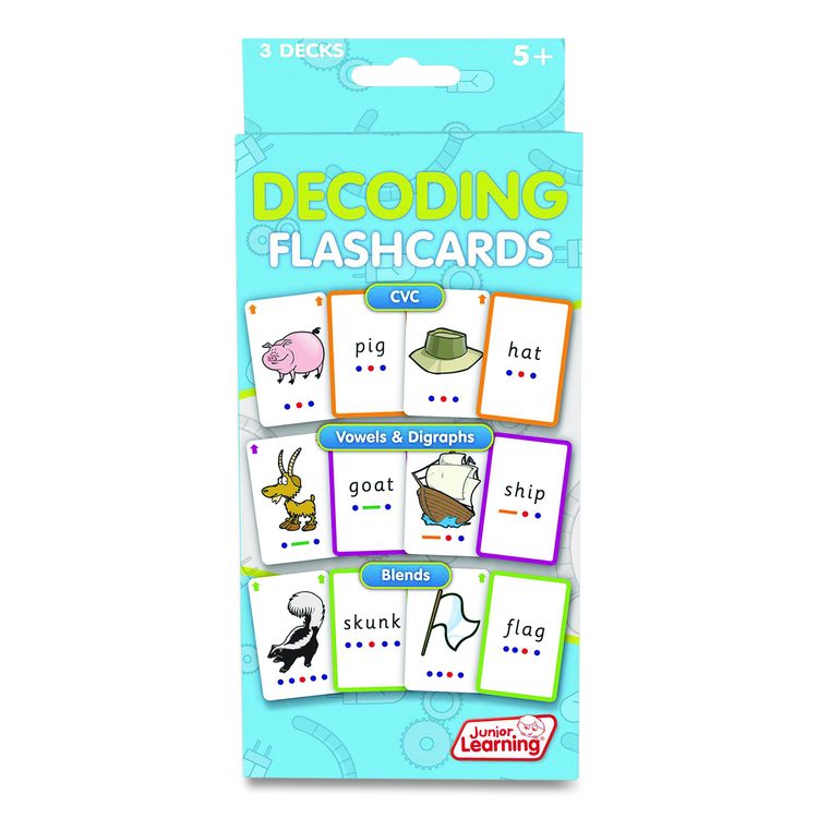 Decoding Flashcards: Blend Patterns, CVC Words, Vowels/Digraphs, Grades K to 1, Assorted Colors, 54 Cards/Deck, 3 Decks