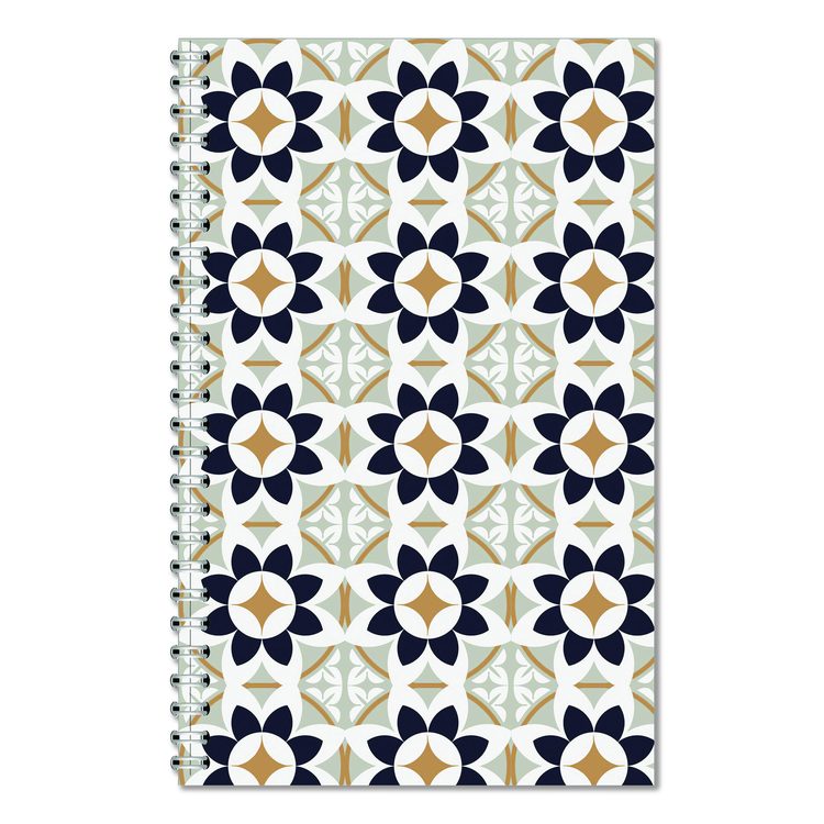 Recycled Non-Dated Monthly/Weekly Planner, Flower Tiles, Tan/Black/White Cover, Undated