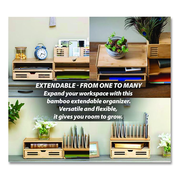 Bamboo Stackable Document Organizer with Drawer, 2 Sections, Letter Size Files, 14.09" x 10.08" x 7.7", Brown