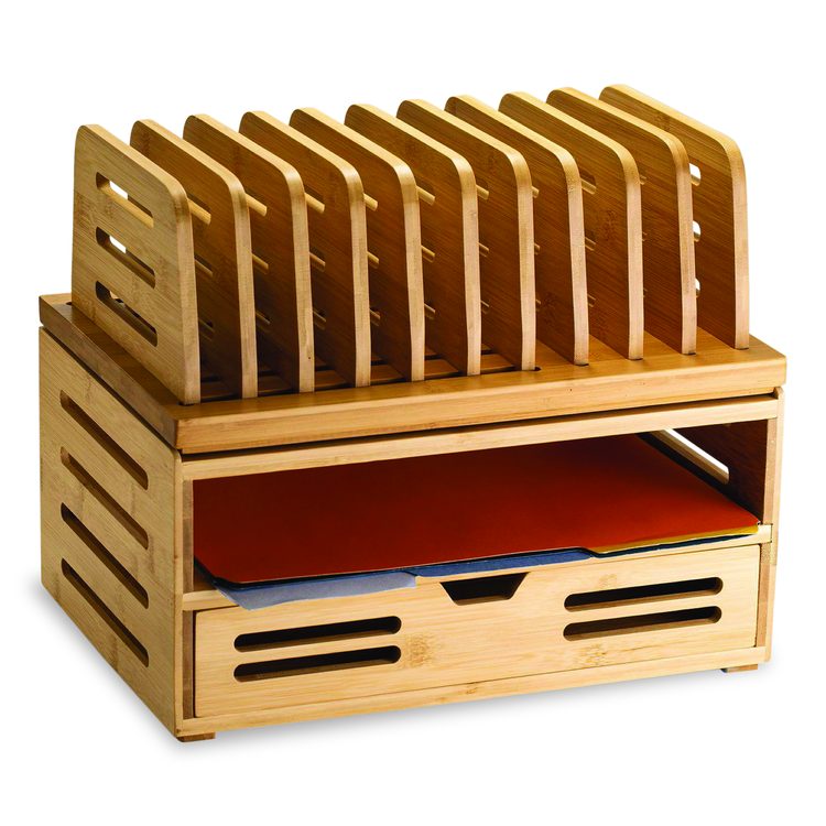 Bamboo Stackable Document Organizer with Drawer, 2 Sections, Letter Size Files, 14.09" x 10.08" x 7.7", Brown