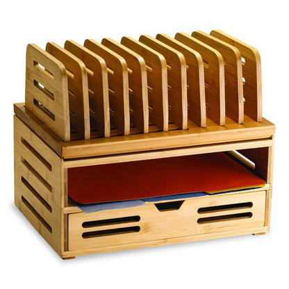 Bamboo Stackable Document Organizer with Drawer, 2 Sections, Letter Size Files, 14.09" x 10.08" x 7.7", Brown