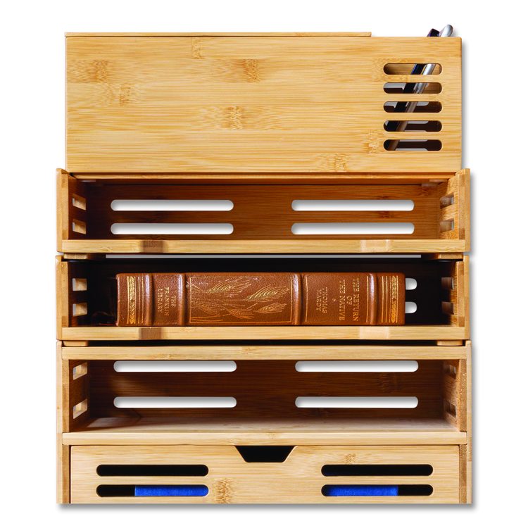 Bamboo Stackable Desktop Document Trays, 2 Sections, Letter Size Files, 14.09" x 10.47" x 4.4", Brown, 2/Pack