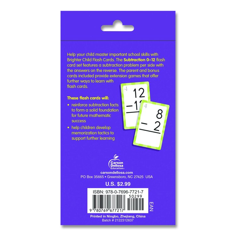 Subtraction 0 to 12 Flash Cards, Grades 1 to 5, 3.25" x 5.25", Assorted Colors, 54 Cards