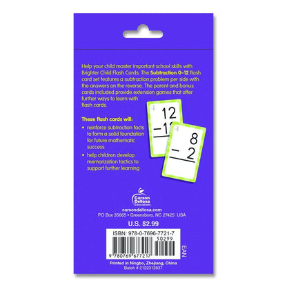 Subtraction 0 to 12 Flash Cards, Grades 1 to 5, 3.25" x 5.25", Assorted Colors, 54 Cards