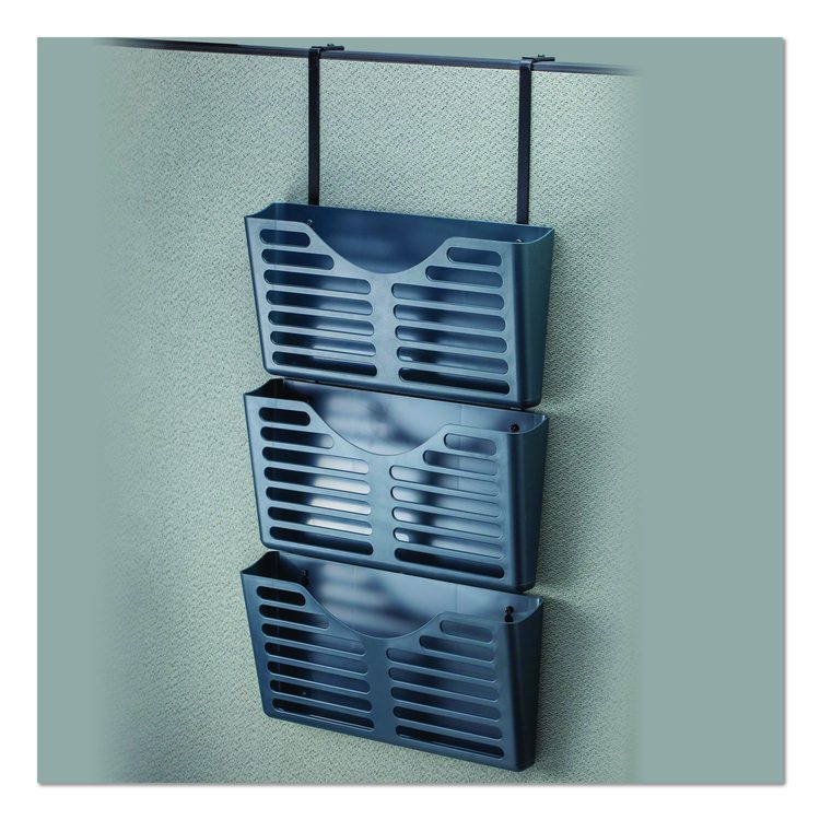 Recycled Plastic Cubicle Triple File Pocket, Cubicle Pins Mount, 13.5 x 4.75 x 28, Charcoal, 3/Pack