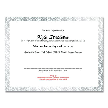 Foil Border Certificates, 8.5 x 11, White/Silver with Braided Silver Border,15/Pack