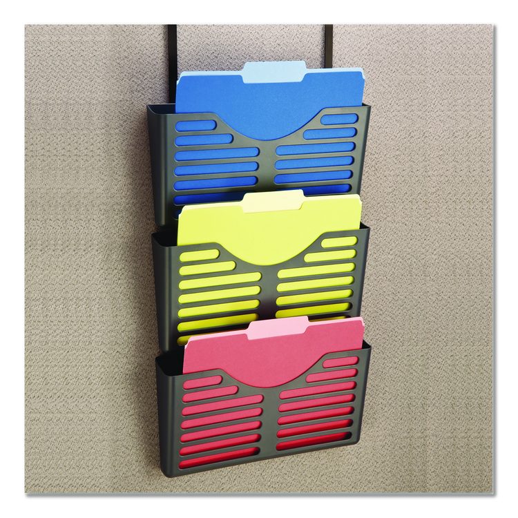 Recycled Plastic Cubicle Triple File Pocket, Cubicle Pins Mount, 13.5 x 4.75 x 28, Charcoal, 3/Pack