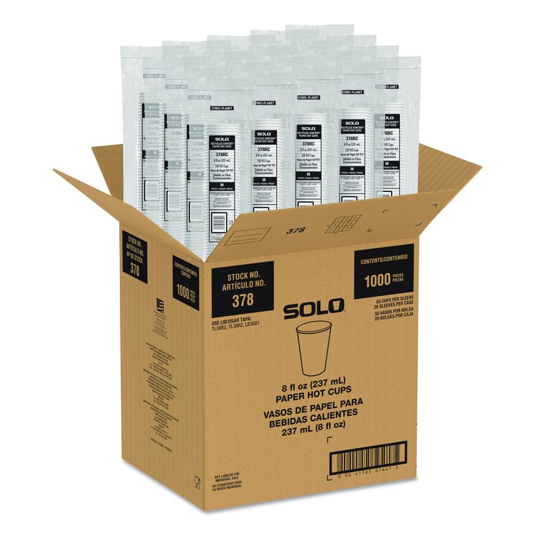 Recycled Content PCF Paper Hot Cups, ProPlanet Seal, 8 oz, White/Blue, 1,000/Carton