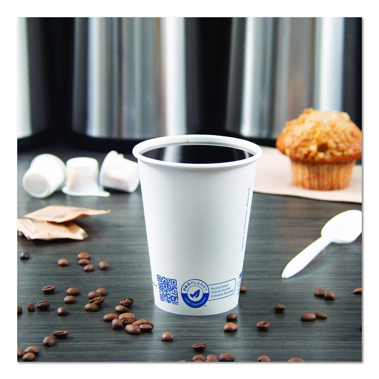 Recycled Content PCF Paper Hot Cups, ProPlanet Seal, 12 oz, White/Blue, 1,000/Carton