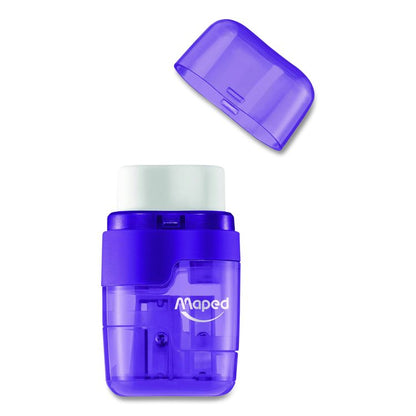 DUO 2-Hole Canister Pencil Sharpener/Eraser Combo, 3.74 x 1.08 x 4.92, Randomly Assorted Colors