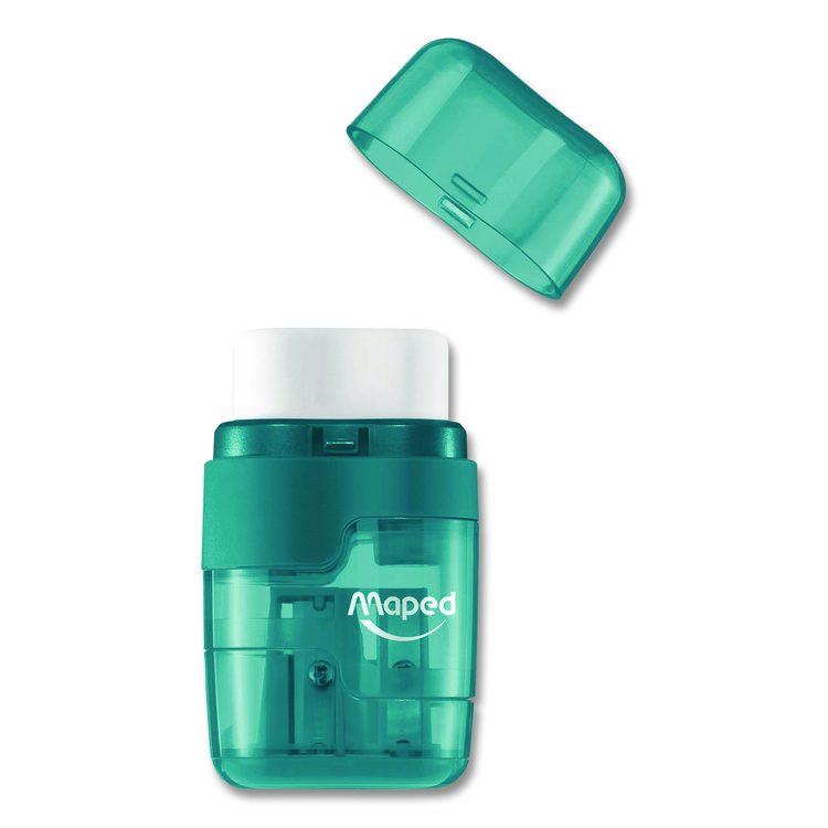 DUO 2-Hole Canister Pencil Sharpener/Eraser Combo, 3.74 x 1.08 x 4.92, Randomly Assorted Colors