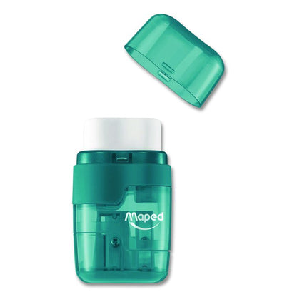 DUO 2-Hole Canister Pencil Sharpener/Eraser Combo, 3.74 x 1.08 x 4.92, Randomly Assorted Colors