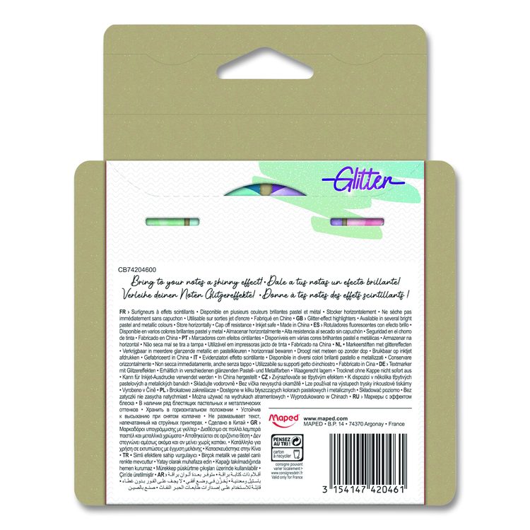 Fluo Peps Pastel Glitter Highlighter, Assorted Ink, Chisel Tip, Assorted Barrel, 4/Pack