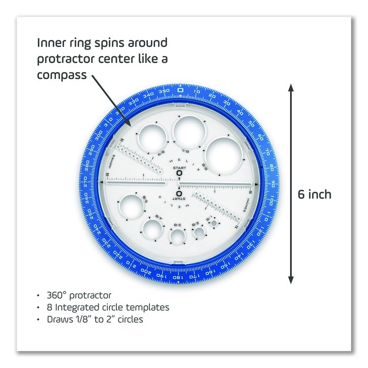 360 Degree Angle and Circle Maker 2-in-1 Protractor and Compass Tool, 2" Ruler Edge, Plastic, Randomly Assorted Color