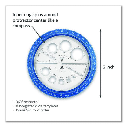 360 Degree Angle and Circle Maker 2-in-1 Protractor and Compass Tool, 2" Ruler Edge, Plastic, Randomly Assorted Color