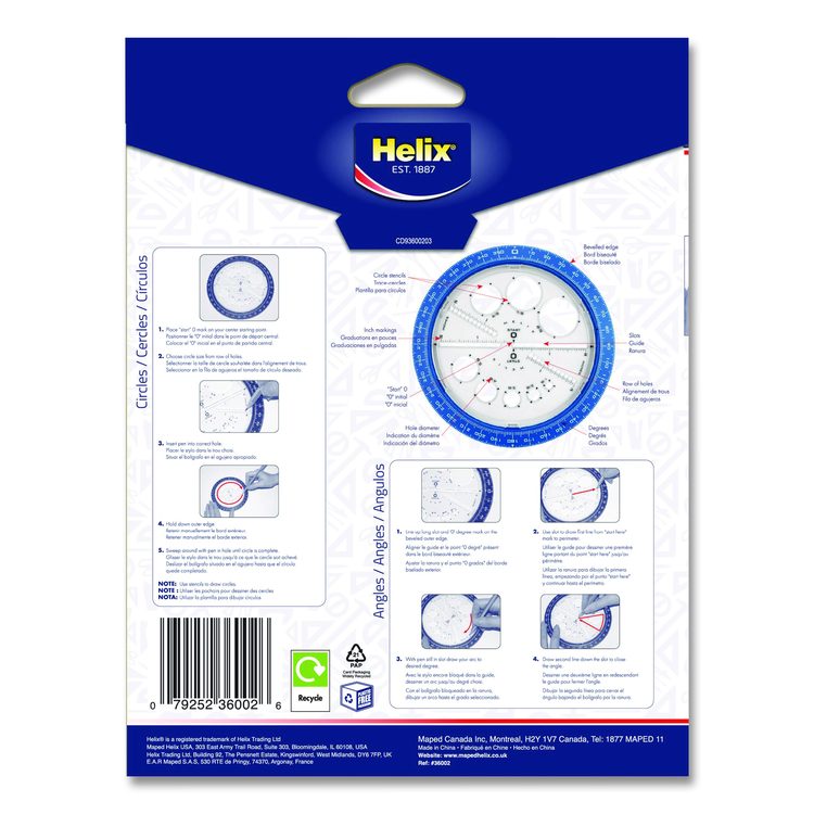 360 Degree Angle and Circle Maker 2-in-1 Protractor and Compass Tool, 2" Ruler Edge, Plastic, Randomly Assorted Color