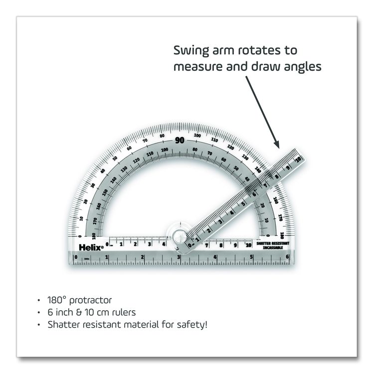 180 Degree Shatter Resistant Swing Arm Protractor, 6" Ruler Edge/10 cm Ruler Edge, Plastic, Randomly Assorted Color