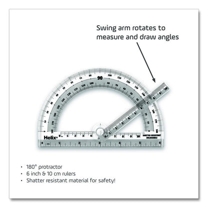 180 Degree Shatter Resistant Swing Arm Protractor, 6" Ruler Edge/10 cm Ruler Edge, Plastic, Randomly Assorted Color