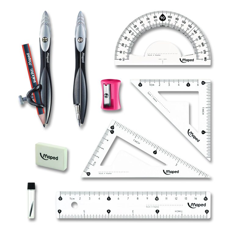 Metal Compass and Geometry Set, Metal/Plastic, Black/Clear, 10 Pieces
