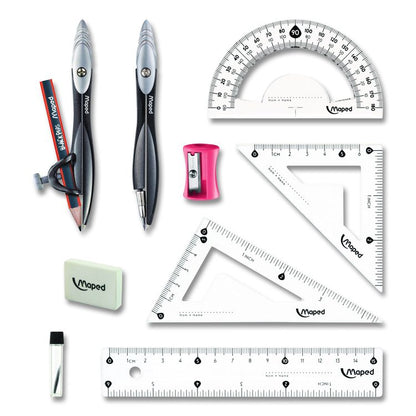 Metal Compass and Geometry Set, Metal/Plastic, Black/Clear, 10 Pieces