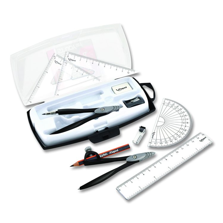 Metal Compass and Geometry Set, Metal/Plastic, Black/Clear, 10 Pieces