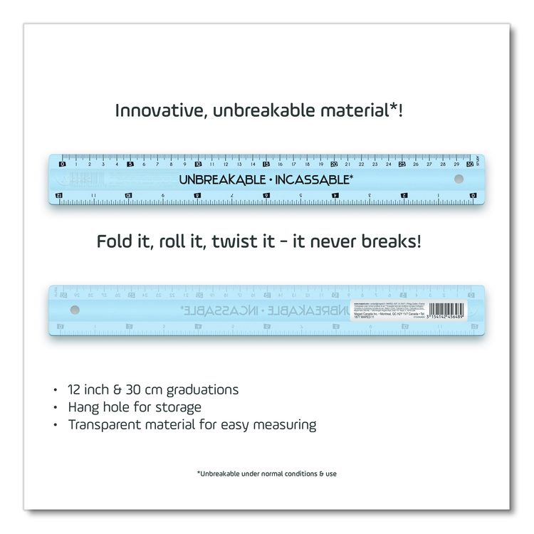 Unbreakable 12" Ruler, Standard/Metric, 12.72" Long, Randomly Assorted Color
