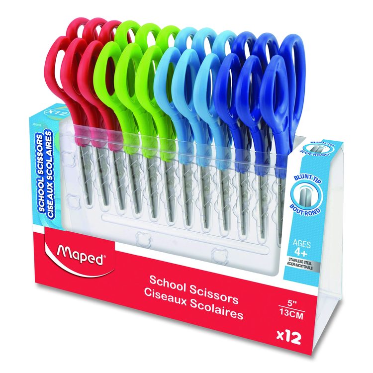 Essential Blunt School Scissors School Pack, Rounded Tip, 5.35" Long, 2" Cut Length, Straight Assorted Handle, Dozen