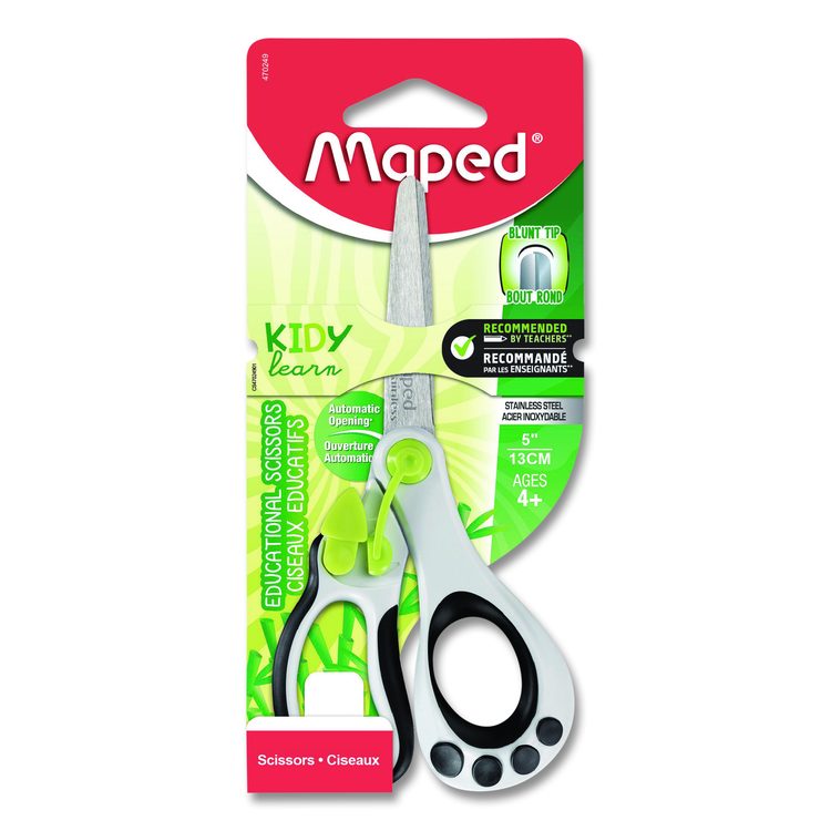 Kidy Spring-Assisted Educational Scissors Rounded Tip, 5.41" Long, 2" Cut Length, Straight White/ Black Handle