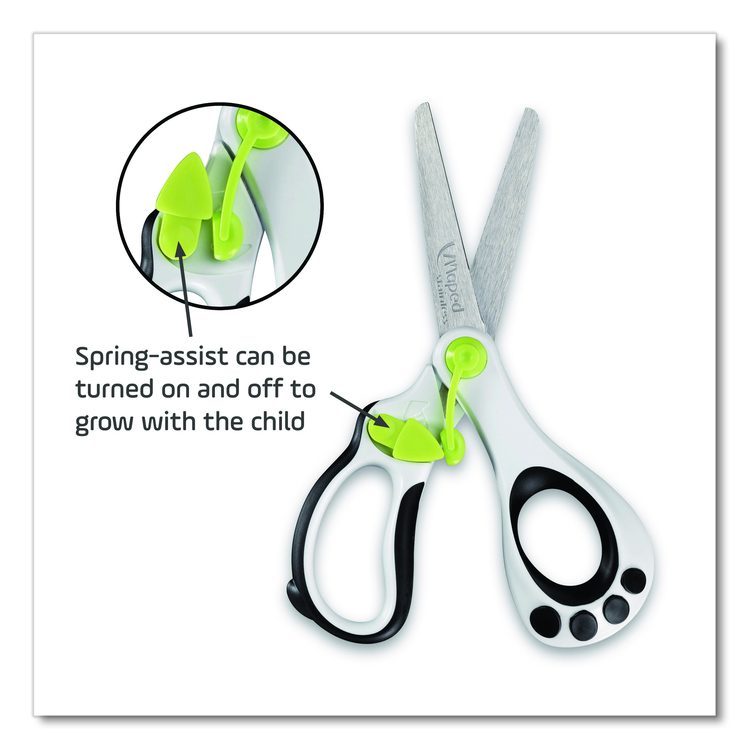 Kidy Spring-Assisted Educational Scissors Rounded Tip, 5.41" Long, 2" Cut Length, Straight White/ Black Handle