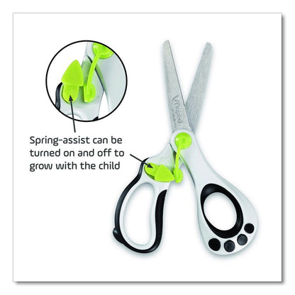 Kidy Spring-Assisted Educational Scissors Rounded Tip, 5.41" Long, 2" Cut Length, Straight White/ Black Handle